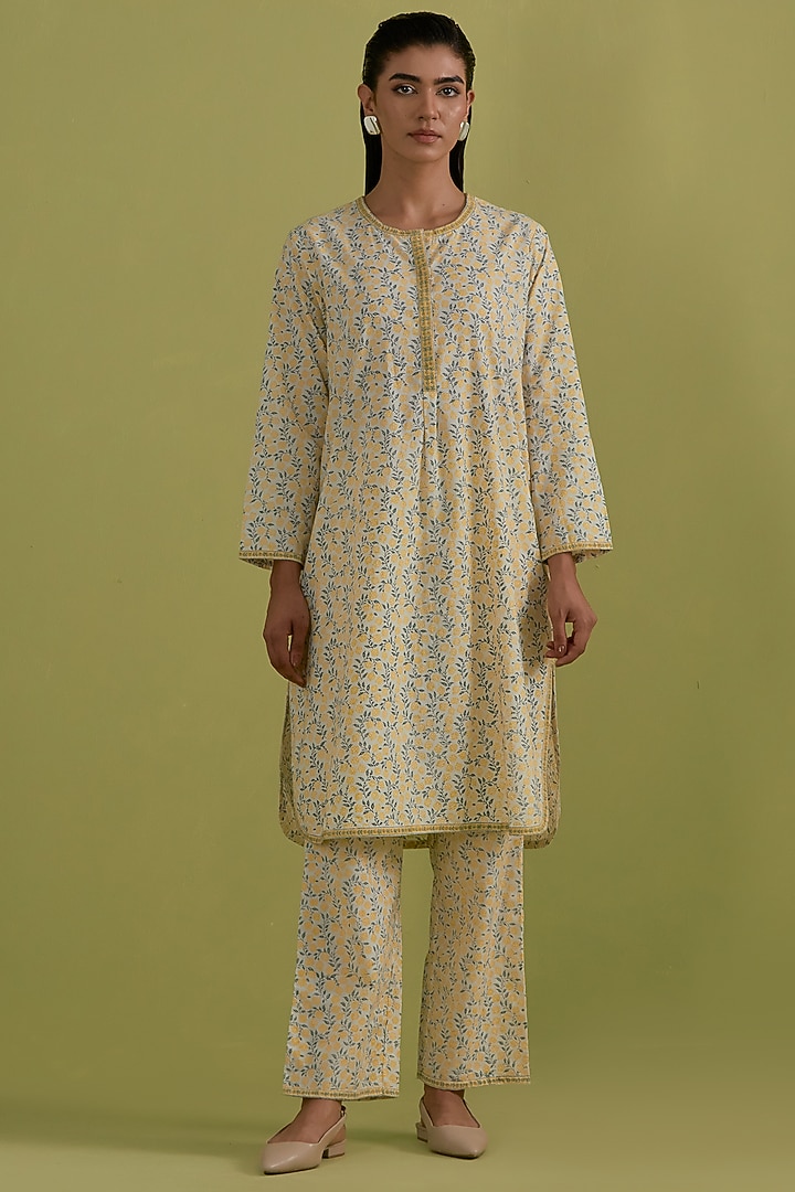 Yellow & Green Cotton Hand-Block Printed Kurta Set by Kora at Pernia's Pop Up Shop
