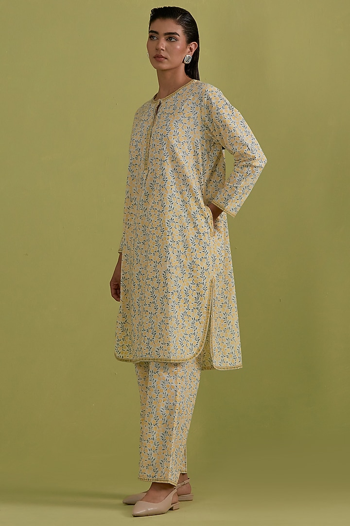 Yellow & Green Cotton Hand-Block Printed Kurta Set by Kora at Pernia's Pop Up Shop