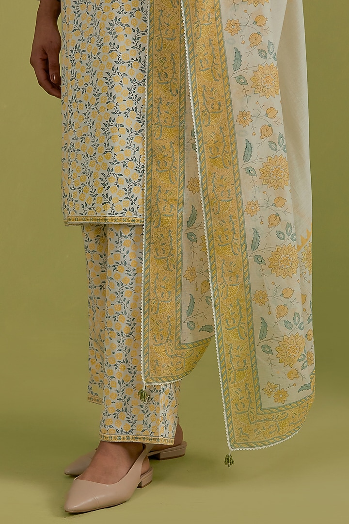 Yellow & Green Cotton Hand-Block Printed Kurta Set by Kora at Pernia's Pop Up Shop