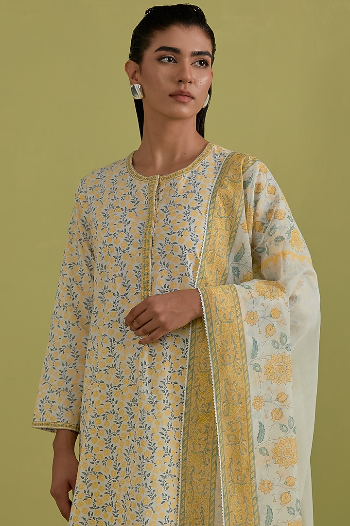 Yellow & Green Cotton Hand-Block Printed Kurta Set by Kora at Pernia's Pop Up Shop