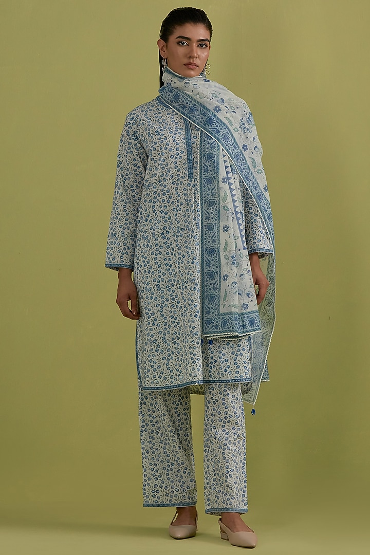 Blue & Green Cotton Hand-Block Printed Kurta Set by Kora at Pernia's Pop Up Shop