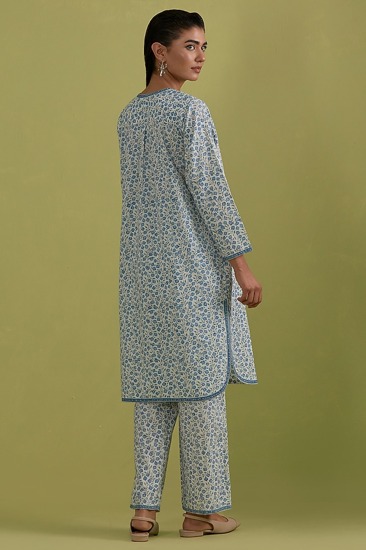Blue & Green Cotton Hand-Block Printed Kurta Set by Kora at Pernia's Pop Up Shop