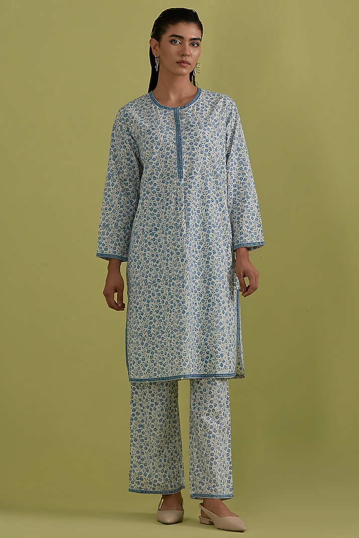 Blue & Green Cotton Hand-Block Printed Kurta Set by Kora at Pernia's Pop Up Shop