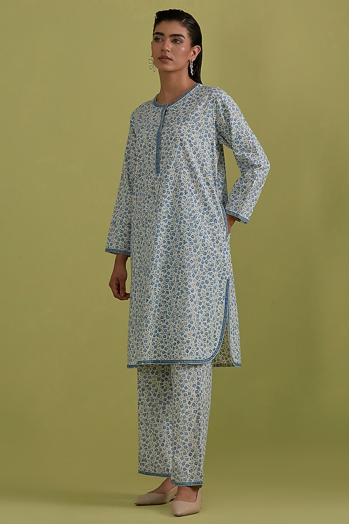 Blue & Green Cotton Hand-Block Printed Kurta Set by Kora at Pernia's Pop Up Shop
