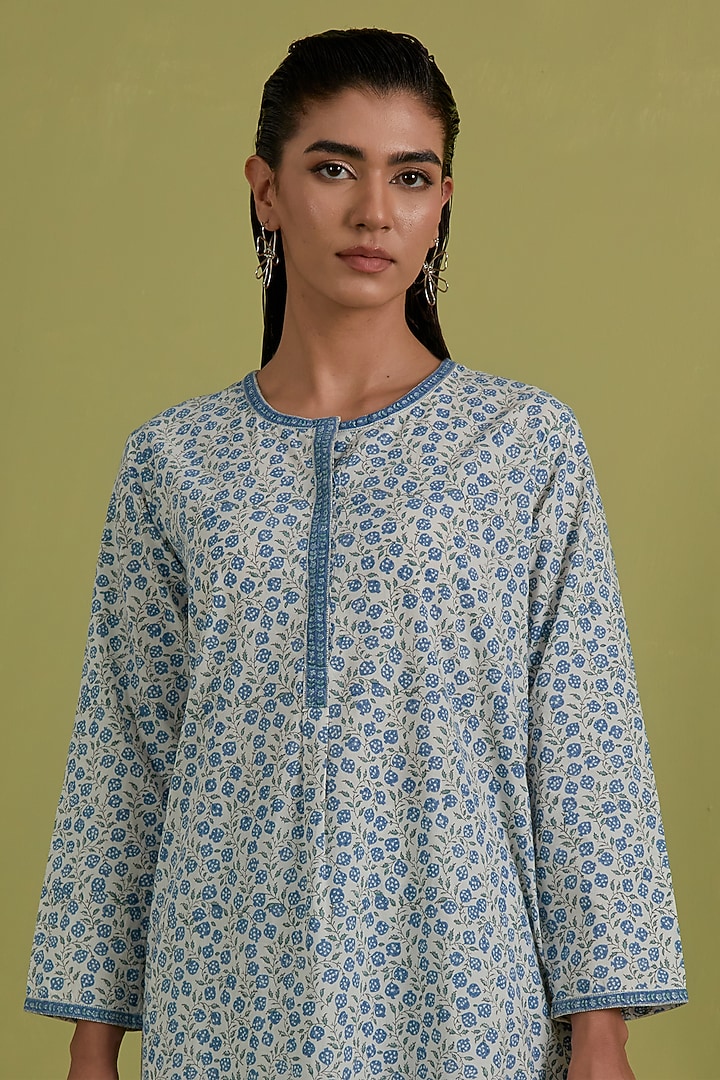 Blue & Green Cotton Hand-Block Printed Kurta Set by Kora at Pernia's Pop Up Shop