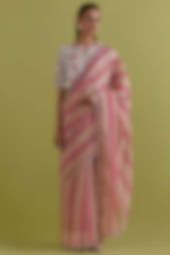 Pink & Peach Cotton Chanderi Stripe Printed Party Wear Saree Set by Kora at Pernia's Pop Up Shop