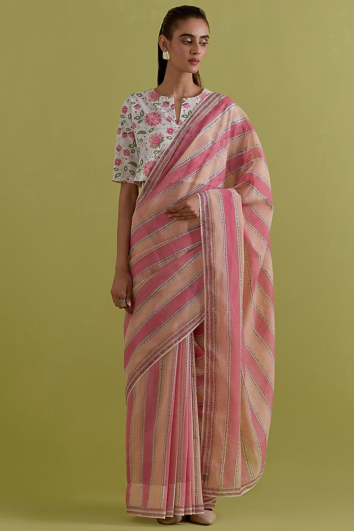 Pink & Peach Cotton Chanderi Stripe Printed Party Wear Saree Set by Kora at Pernia's Pop Up Shop