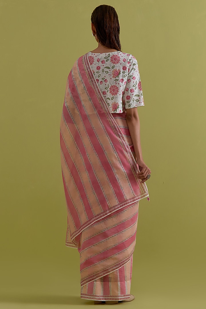 Pink & Peach Cotton Chanderi Stripe Printed Party Wear Saree Set by Kora at Pernia's Pop Up Shop