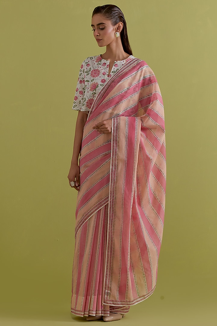 Pink & Peach Cotton Chanderi Stripe Printed Party Wear Saree Set by Kora at Pernia's Pop Up Shop