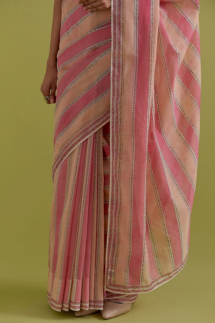 Pink & Peach Cotton Chanderi Stripe Printed Party Wear Saree Set by Kora at Pernia's Pop Up Shop