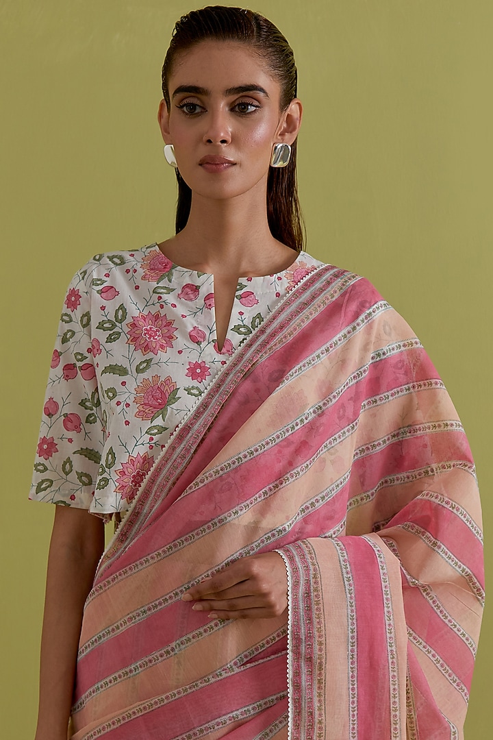 Pink & Peach Cotton Chanderi Stripe Printed Party Wear Saree Set by Kora at Pernia's Pop Up Shop