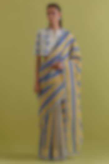 Blue & Yellow Cotton Chanderi Stripe Printed Party Wear Saree Set by Kora at Pernia's Pop Up Shop