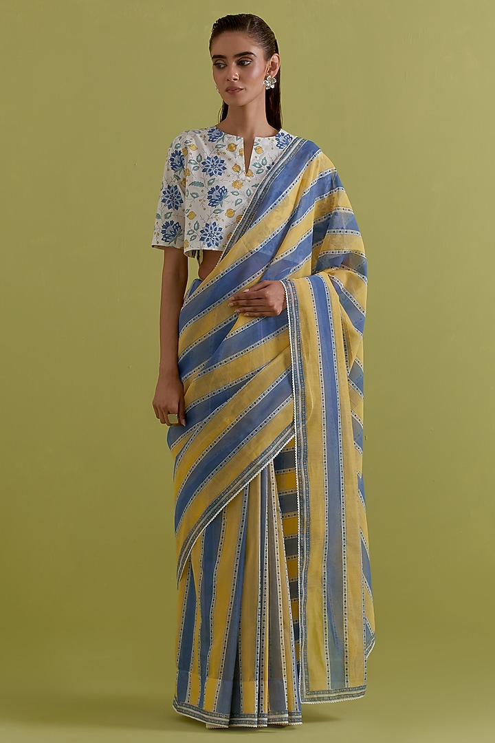 Blue & Yellow Cotton Chanderi Stripe Printed Party Wear Saree Set by Kora at Pernia's Pop Up Shop