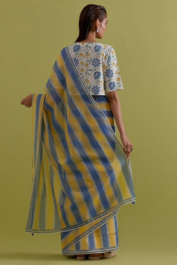 Blue & Yellow Cotton Chanderi Stripe Printed Party Wear Saree Set by Kora at Pernia's Pop Up Shop
