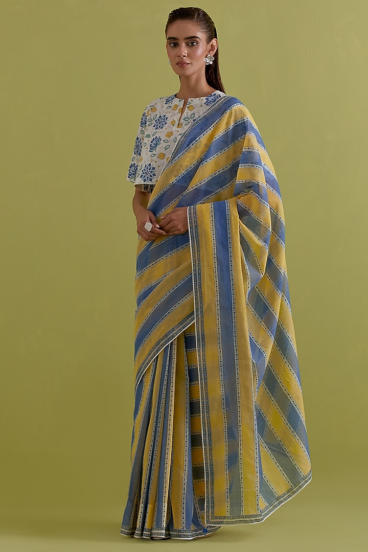 Blue & Yellow Cotton Chanderi Stripe Printed Party Wear Saree Set by Kora at Pernia's Pop Up Shop