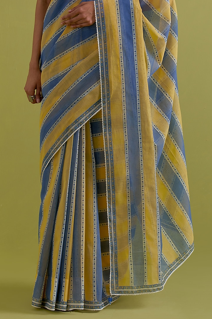 Blue & Yellow Cotton Chanderi Stripe Printed Party Wear Saree Set by Kora at Pernia's Pop Up Shop