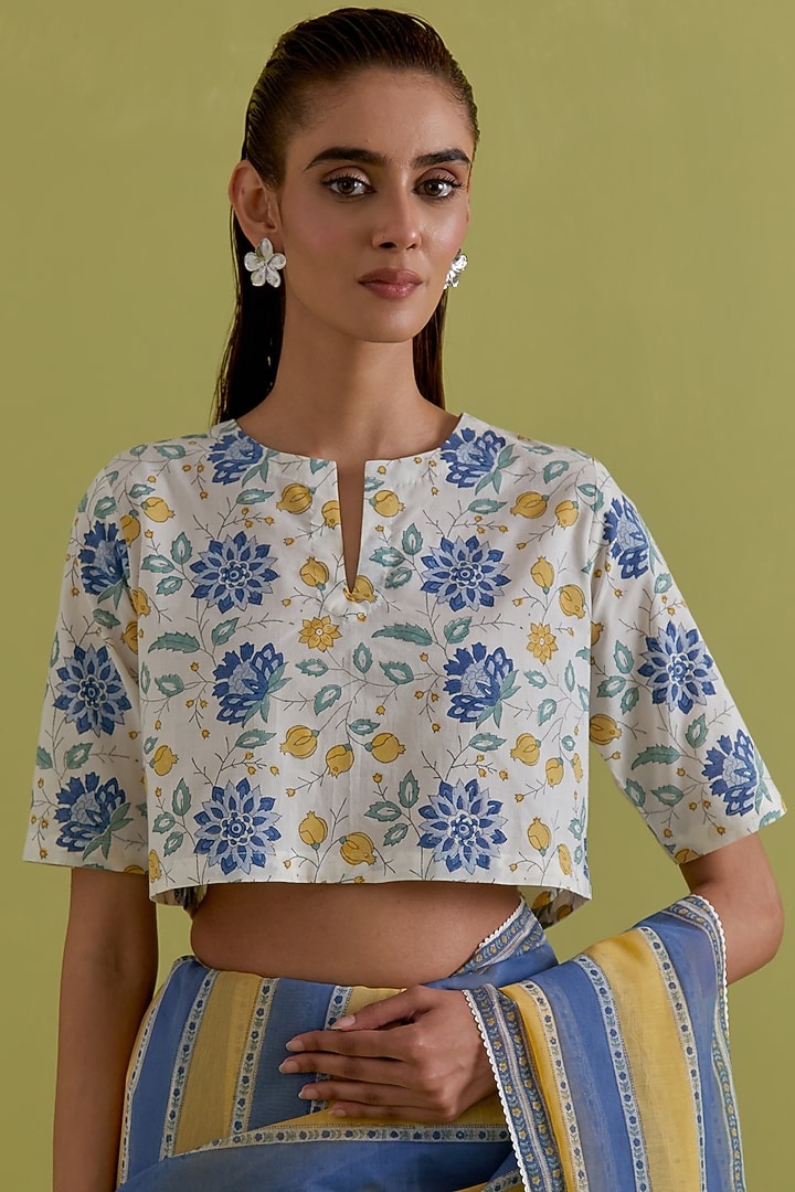 Blue & Yellow Cotton Chanderi Stripe Printed Party Wear Saree Set by Kora at Pernia's Pop Up Shop