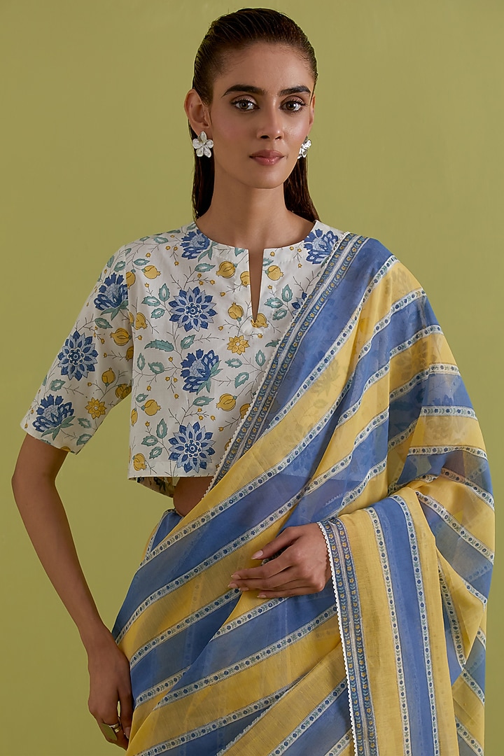 Blue & Yellow Cotton Chanderi Stripe Printed Party Wear Saree Set by Kora at Pernia's Pop Up Shop