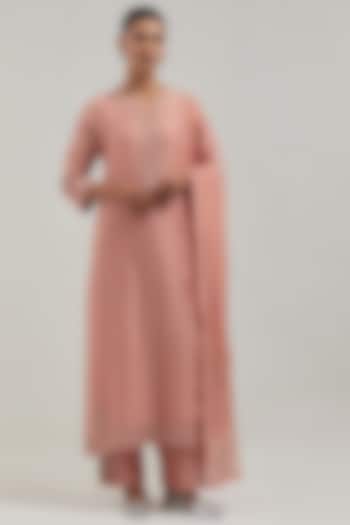 Peach Silk Chanderi Mirror Embroidered Kurta Set by Kora at Pernia's Pop Up Shop