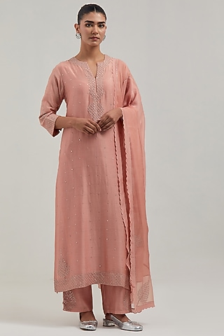 Peach Silk Chanderi Mirror Embroidered Kurta Set by Kora