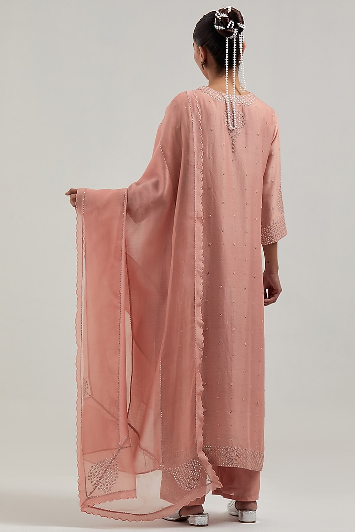 Peach Silk Chanderi Mirror Embroidered Kurta Set by Kora at Pernia's Pop Up Shop