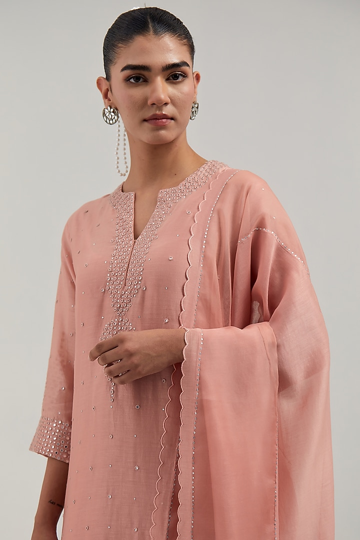 Peach Silk Chanderi Mirror Embroidered Kurta Set by Kora at Pernia's Pop Up Shop