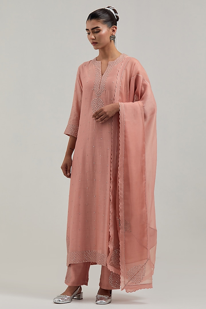 Peach Silk Chanderi Mirror Embroidered Kurta Set by Kora at Pernia's Pop Up Shop