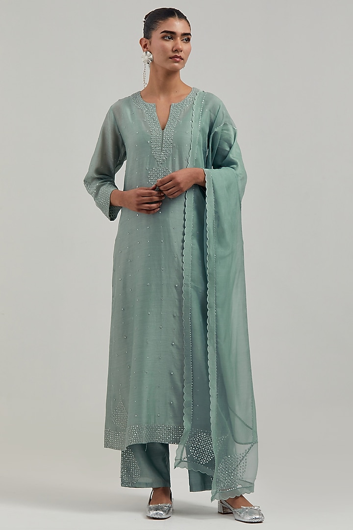 Blue Silk Chanderi Mirror Embroidered Kurta Set by Kora at Pernia's Pop Up Shop