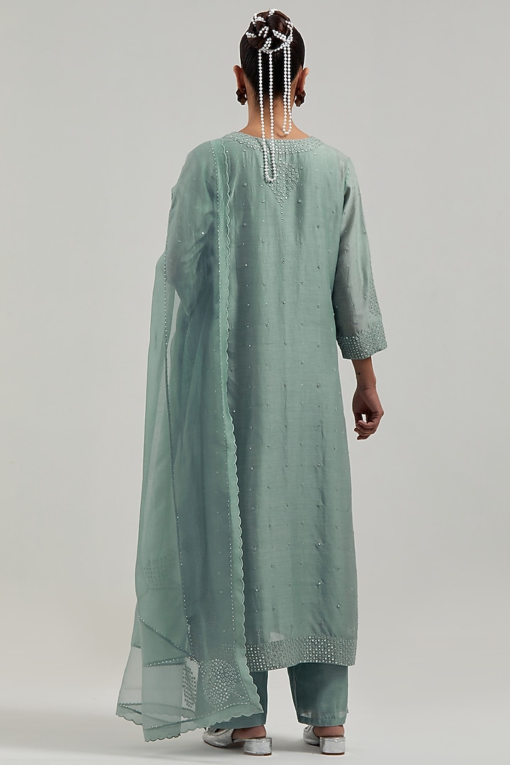 Blue Silk Chanderi Mirror Embroidered Kurta Set by Kora at Pernia's Pop Up Shop