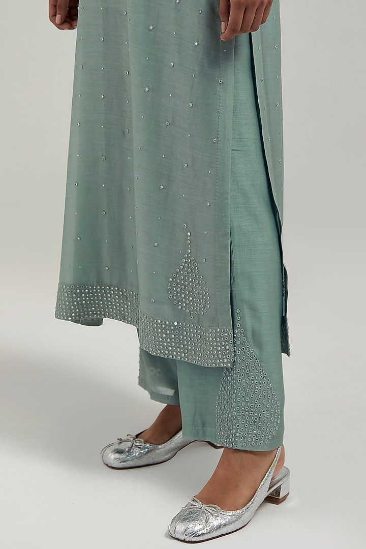 Blue Silk Chanderi Mirror Embroidered Kurta Set by Kora at Pernia's Pop Up Shop