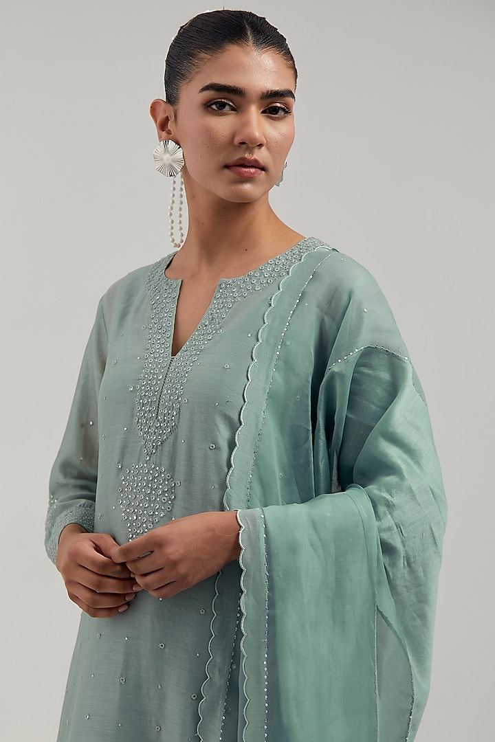 Blue Silk Chanderi Mirror Embroidered Kurta Set by Kora at Pernia's Pop Up Shop