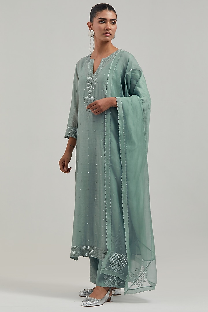 Blue Silk Chanderi Mirror Embroidered Kurta Set by Kora at Pernia's Pop Up Shop
