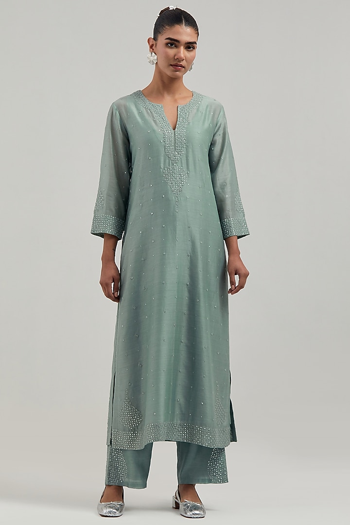 Blue Silk Chanderi Mirror Embroidered Kurta Set by Kora at Pernia's Pop Up Shop