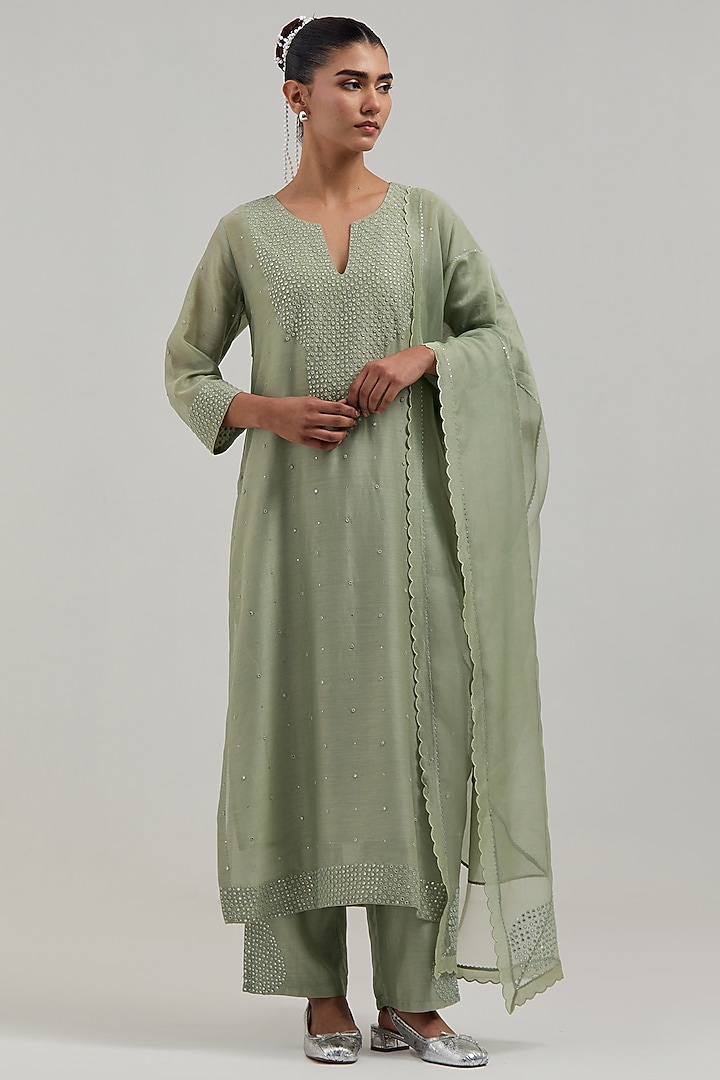 Green Silk Chanderi Mirror Embroidered Kurta Set by Kora at Pernia's Pop Up Shop