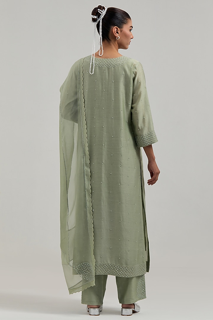 Green Silk Chanderi Mirror Embroidered Kurta Set by Kora at Pernia's Pop Up Shop