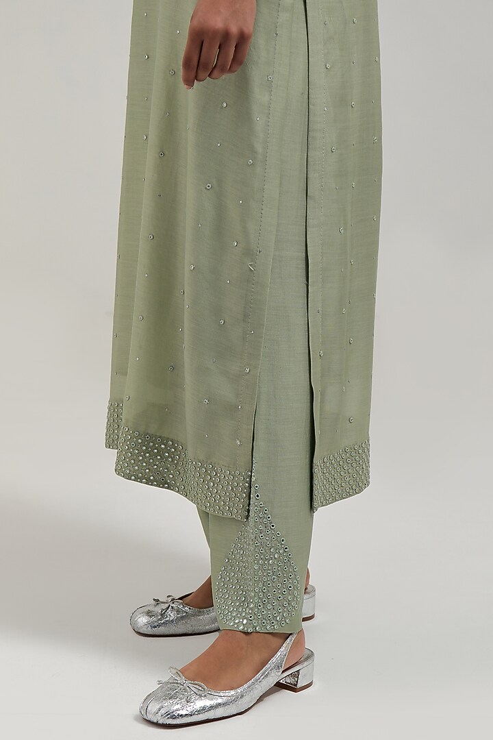 Green Silk Chanderi Mirror Embroidered Kurta Set by Kora at Pernia's Pop Up Shop