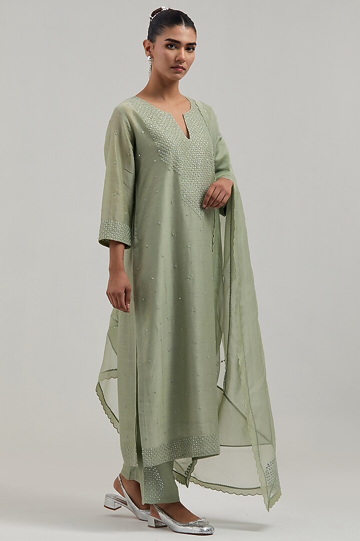 Green Silk Chanderi Mirror Embroidered Kurta Set by Kora at Pernia's Pop Up Shop
