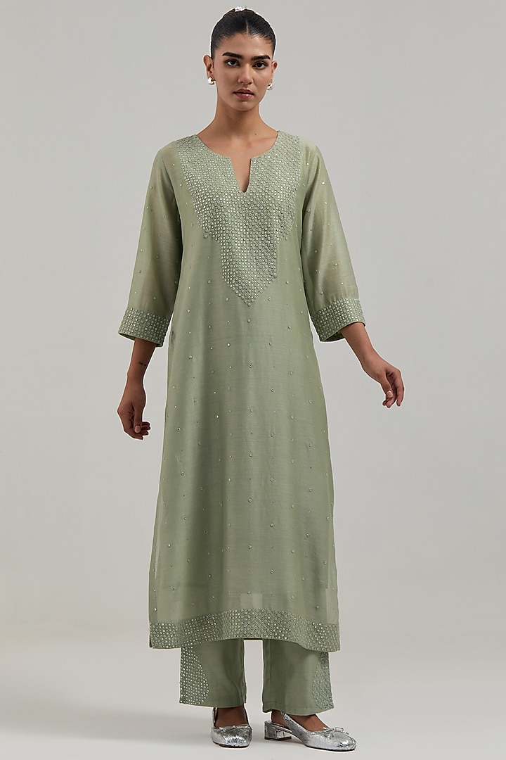 Green Silk Chanderi Mirror Embroidered Kurta Set by Kora at Pernia's Pop Up Shop