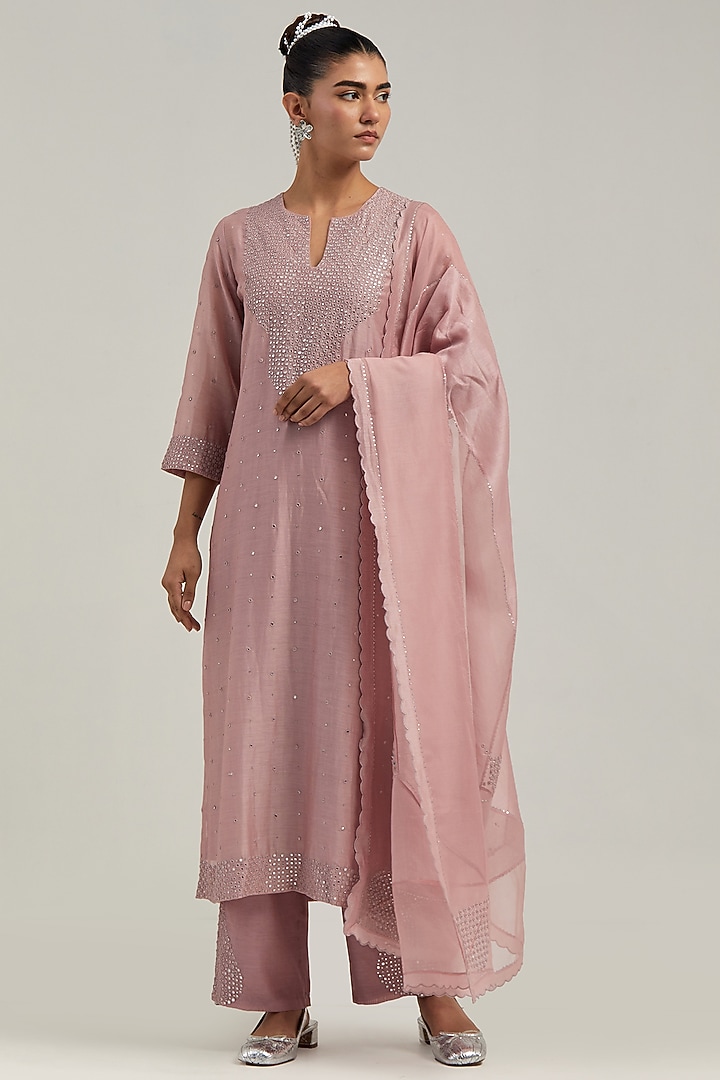 Pink Silk Chanderi Mirror Embroidered Kurta Set by Kora at Pernia's Pop Up Shop