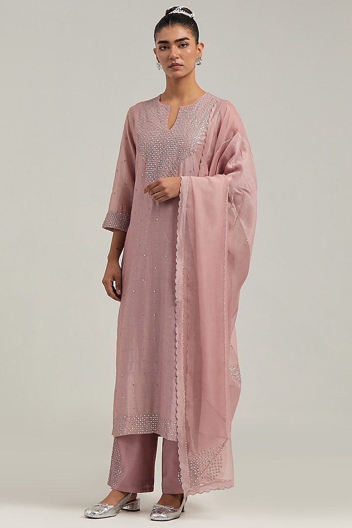 Pink Silk Chanderi Mirror Embroidered Kurta Set by Kora at Pernia's Pop Up Shop