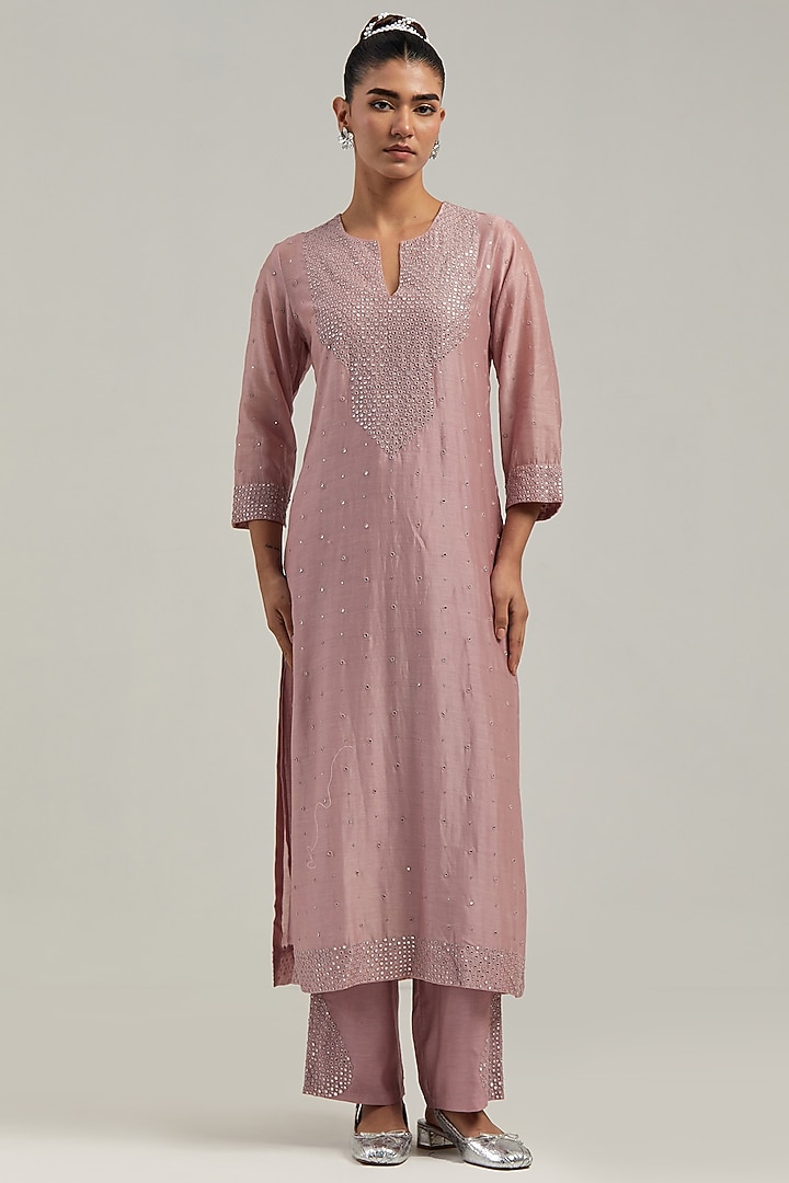Pink Silk Chanderi Mirror Embroidered Kurta Set by Kora at Pernia's Pop Up Shop