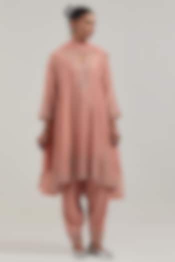 Peach Silk Chanderi Mirror Embroidered Short Kalidar Kurta Set by Kora at Pernia's Pop Up Shop