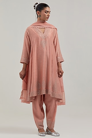 Peach Silk Chanderi Mirror Embroidered Short Kalidar Kurta Set by Kora