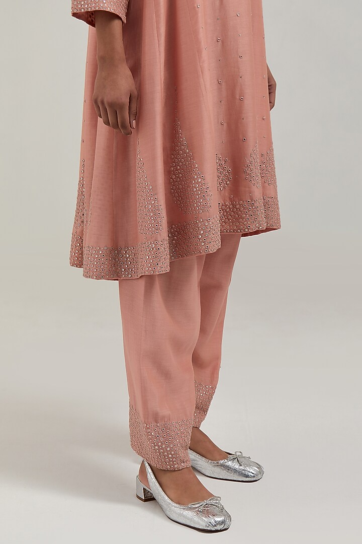 Peach Silk Chanderi Mirror Embroidered Short Kalidar Kurta Set by Kora at Pernia's Pop Up Shop