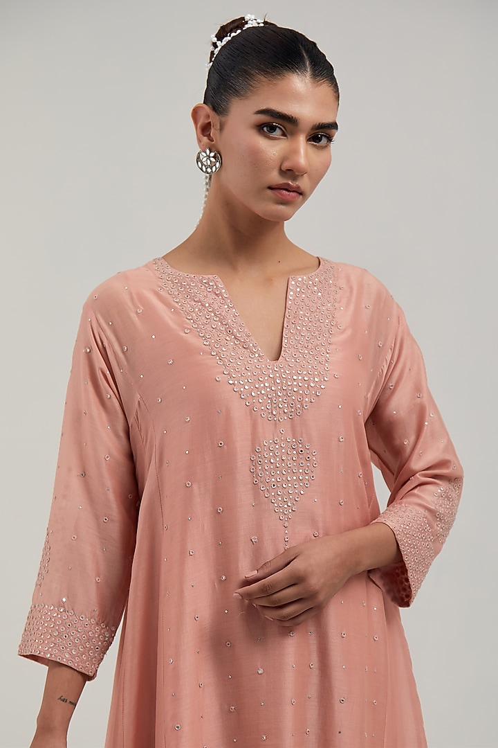 Peach Silk Chanderi Mirror Embroidered Short Kalidar Kurta Set by Kora at Pernia's Pop Up Shop