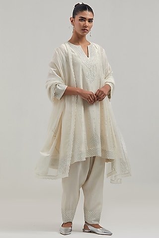 Off-White Silk Chanderi Mirror Embroidered Short Kalidar Kurta Set by Kora