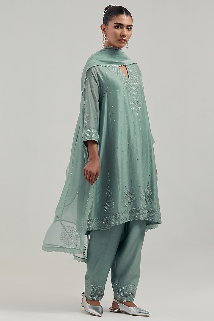 Blue Silk Chanderi Mirror Embroidered Short Kalidar Kurta Set by Kora at Pernia's Pop Up Shop