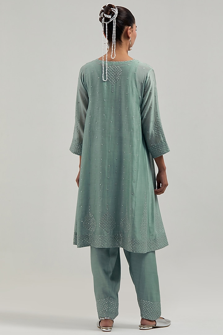 Blue Silk Chanderi Mirror Embroidered Short Kalidar Kurta Set by Kora at Pernia's Pop Up Shop