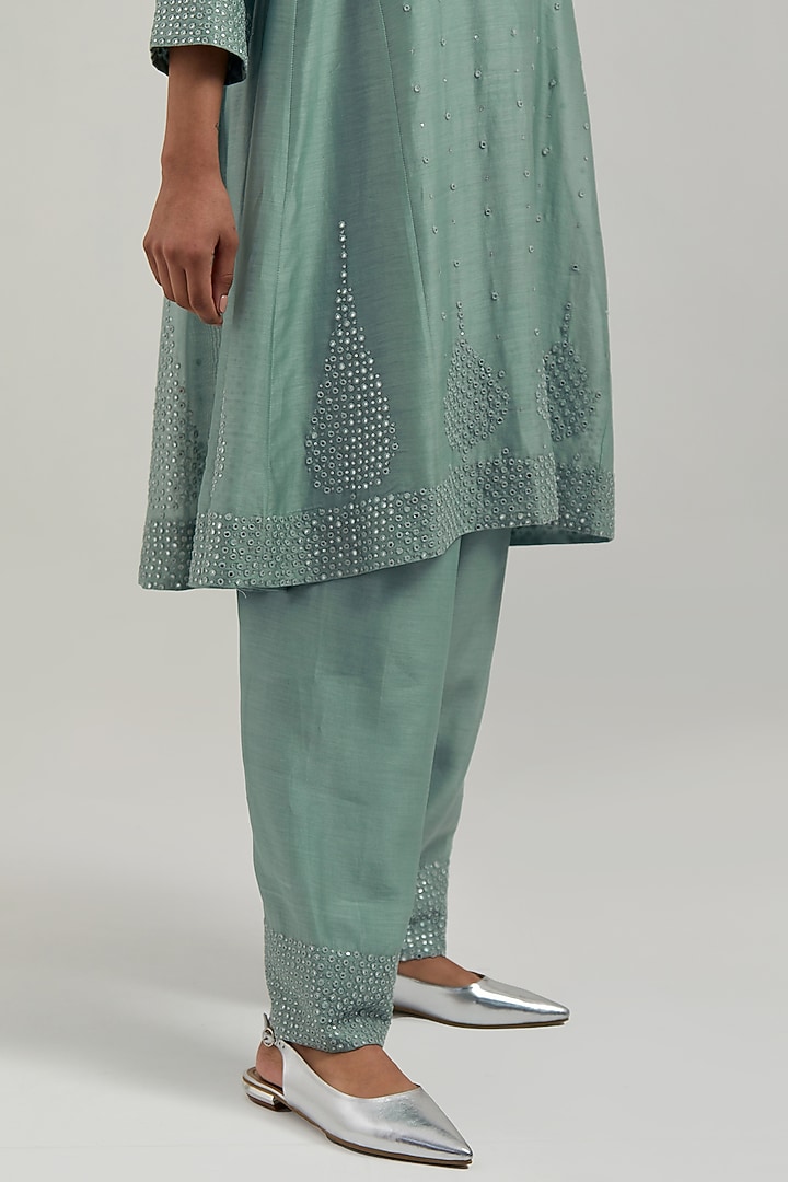 Blue Silk Chanderi Mirror Embroidered Short Kalidar Kurta Set by Kora at Pernia's Pop Up Shop