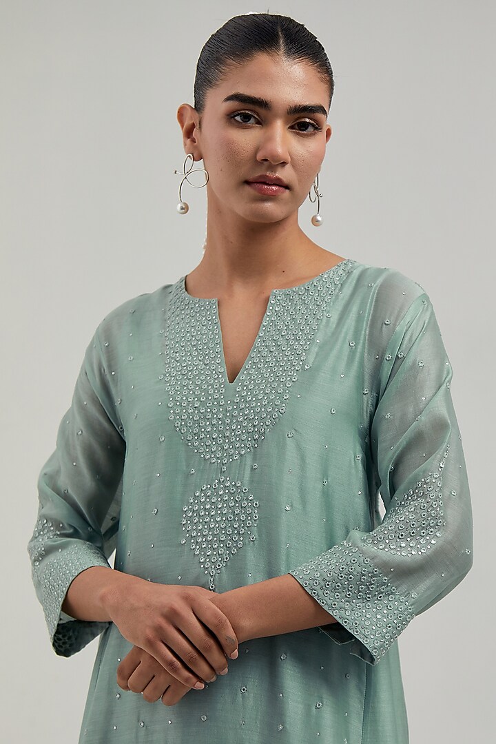 Blue Silk Chanderi Mirror Embroidered Short Kalidar Kurta Set by Kora at Pernia's Pop Up Shop